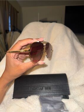 Dior Gold Frame Sunglasses with Burgundy Lenses and Studded Temples